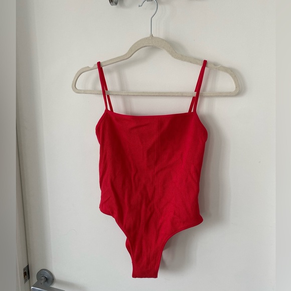 RED RIBBED ONE PIECE BATHING SUIT - Picture 1 of 4